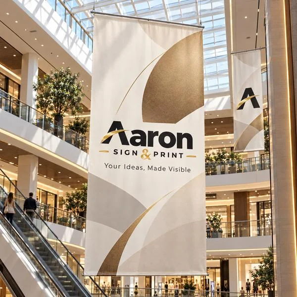 Large Aaron fabric banner suspended across several floors of a shopping mall