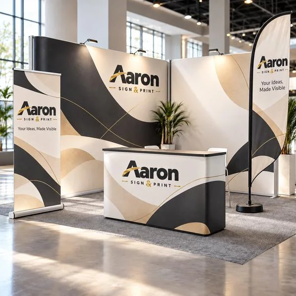 Aaron event booth with backdrop, display counter, roll-up stand and beach flag